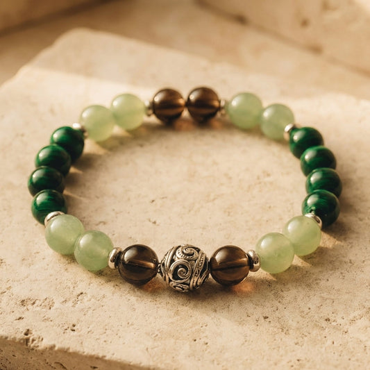 Bracelet Aventurine, Malachite & Quartz Fumé — Chance & Protection