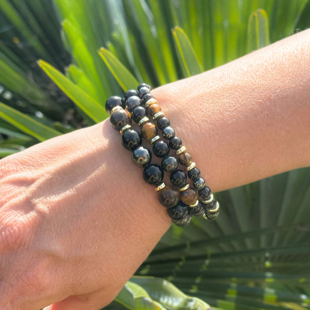 Bracelet Œil de Tigre, Hématite & Onyx — Confiance & Bouclier