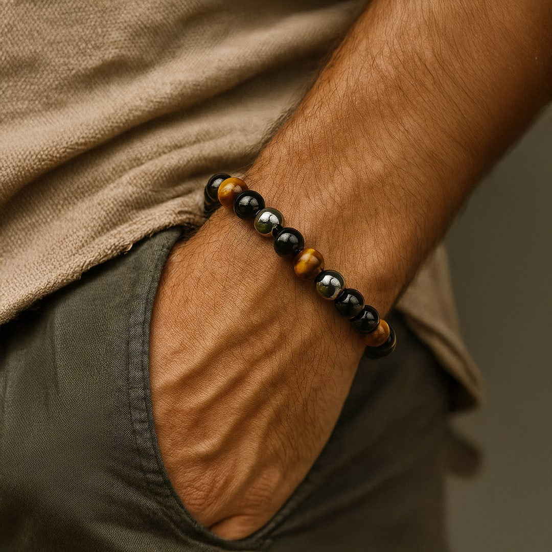 Bracelet Triple Protection — Œil de Tigre, Hématite & Obsidienne