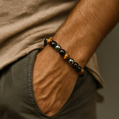 Bracelet Triple Protection — Œil de Tigre, Hématite & Obsidienne