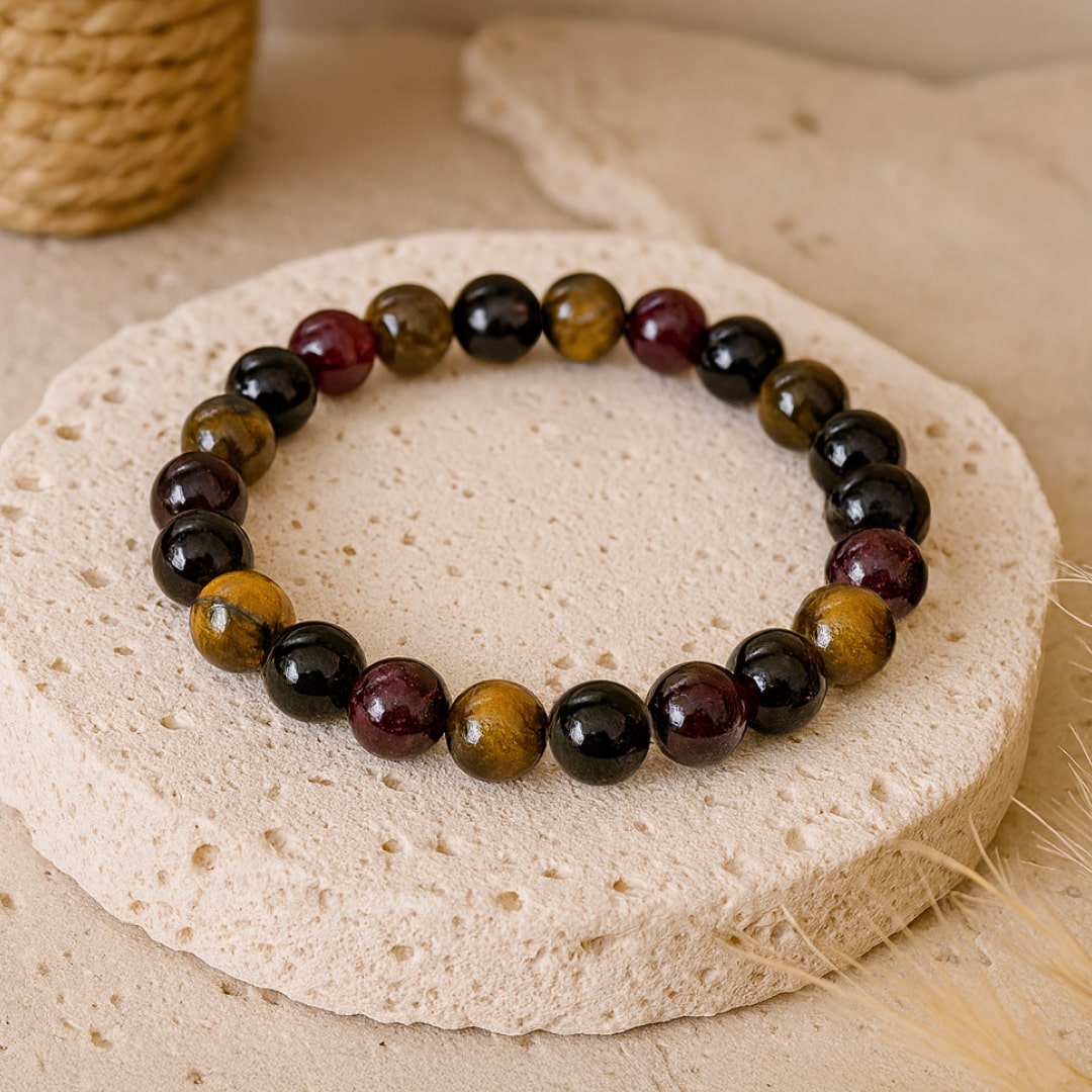 Bracelet Œil de Tigre & Grenat — Réussite & Protection