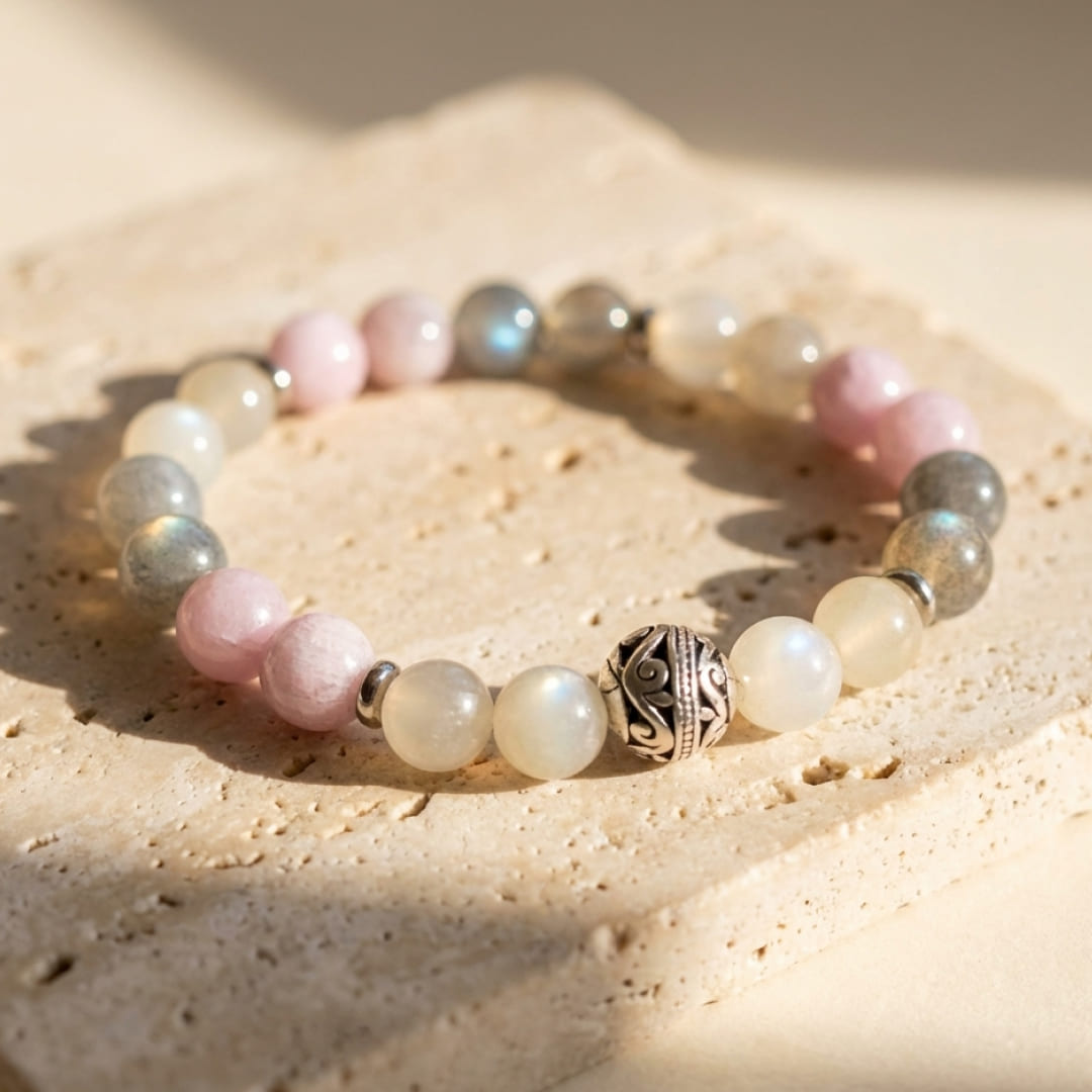Bracelet Labradorite, Pierre de Lune & Kunzite — Énergie Féminine