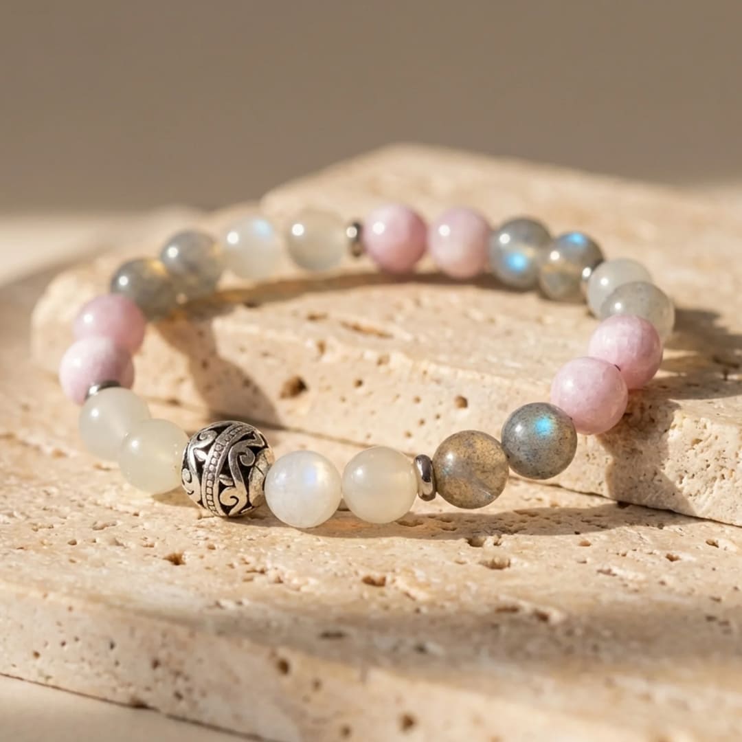 Bracelet Labradorite, Pierre de Lune & Kunzite — Énergie Féminine