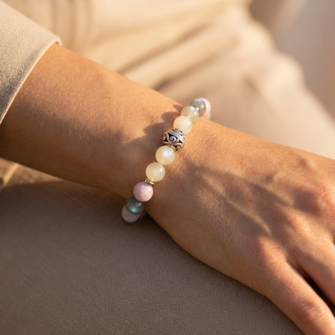 Bracelet Labradorite, Pierre de Lune & Kunzite — Énergie Féminine