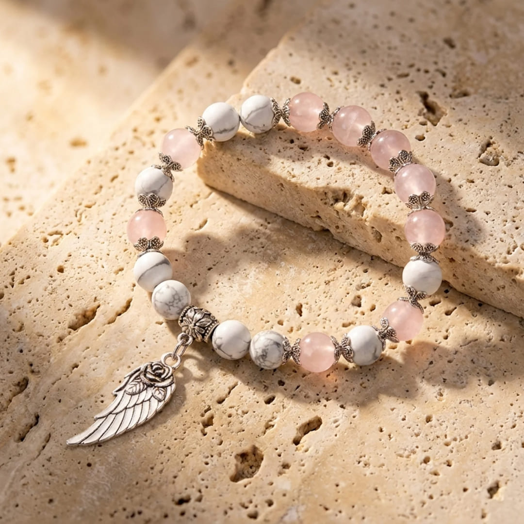 Bracelet "Aile d'Ange" en Pierres Naturelles - Howlite - Quartz Rose / 17cm - L'Arbre des Chakras