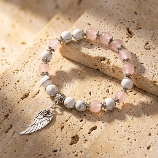 Bracelet "Aile d'Ange" en Pierres Naturelles - Howlite - Quartz Rose / 17cm - L'Arbre des Chakras