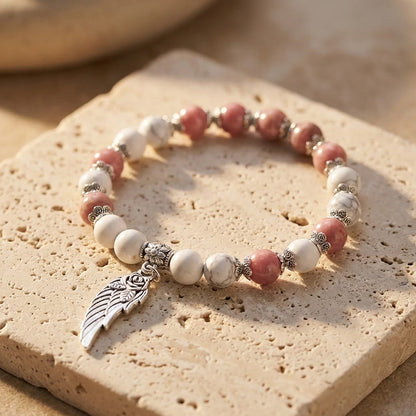 Bracelet "Aile d'Ange" en Pierres Naturelles - Howlite - Rhodochrosite / 17cm - L'Arbre des Chakras