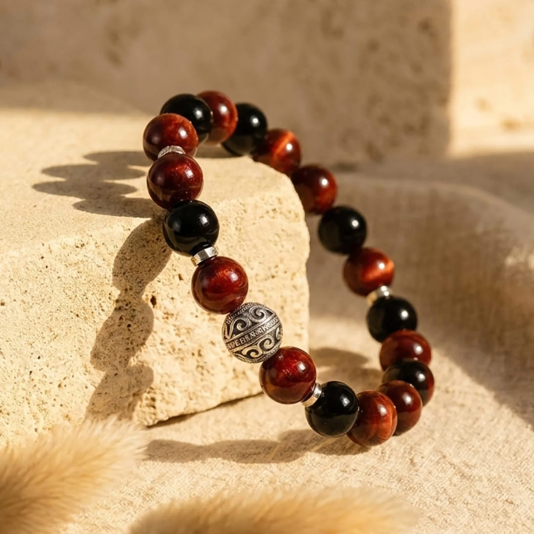 Bracelet Grenat, Œil de Taureau & Obsidienne — Flamme & Résilience
