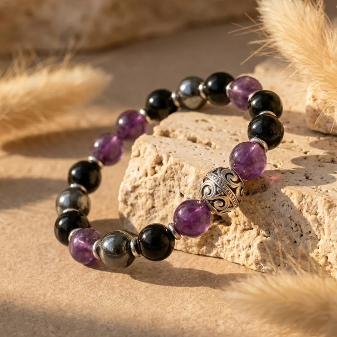 Bracelet Améthyste, Hématite & Obsidienne — Bouclier Émotionnel