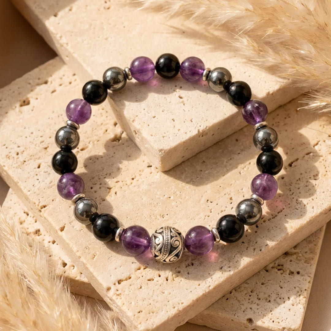 Bracelet Améthyste, Hématite & Obsidienne — Bouclier Émotionnel