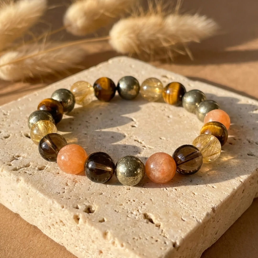 Bracelet "Énergie Solaire" en Quartz Fumé, Oeil de Tigre & Quartz Rutile Doré - 17cm - L'Arbre des Chakras