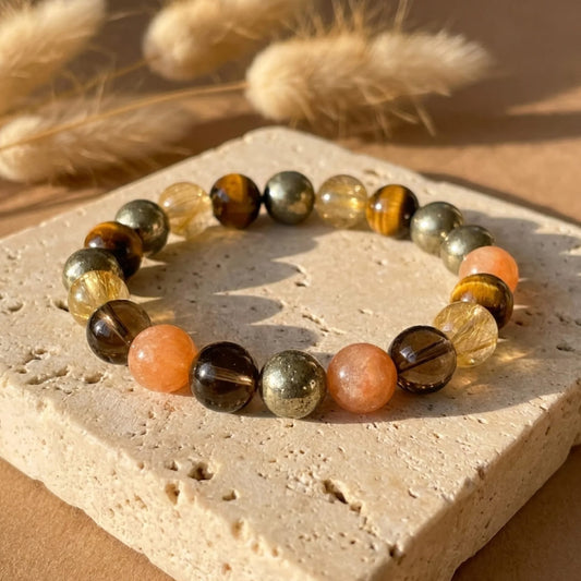 Bracelet "Énergie Solaire" en Quartz Fumé, Oeil de Tigre & Quartz Rutile Doré - 17cm - L'Arbre des Chakras