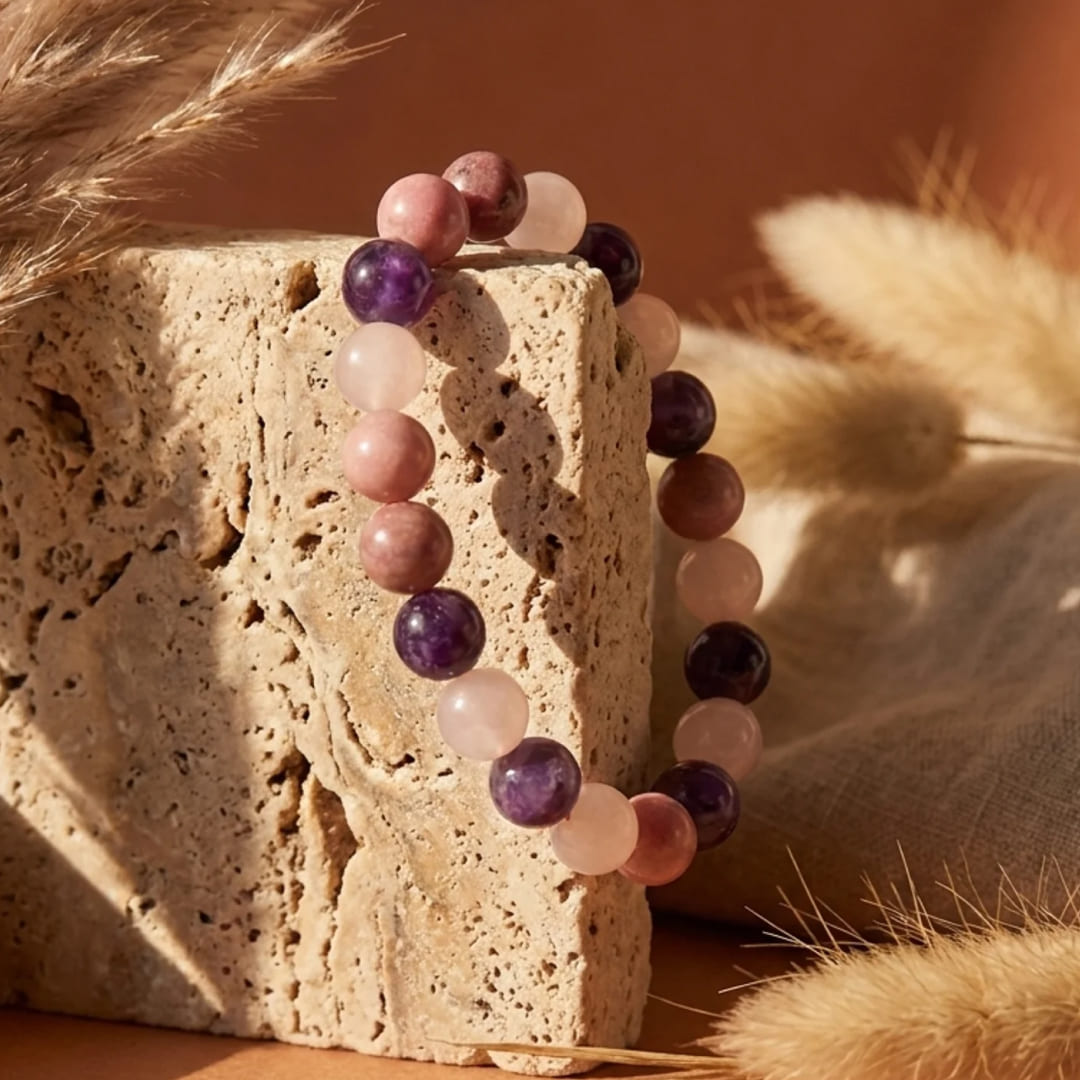 Bracelet Rhodonite, Quartz Rose & Améthyste — Amour de Soi