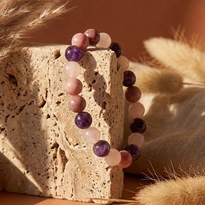 Bracelet Rhodonite, Quartz Rose & Améthyste — Amour de Soi