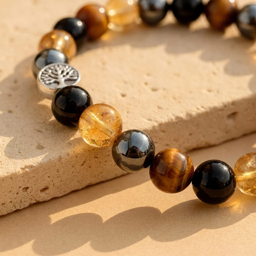 Bracelet Œil de Tigre, Citrine, Hématite & Obsidienne — Force & Clarté