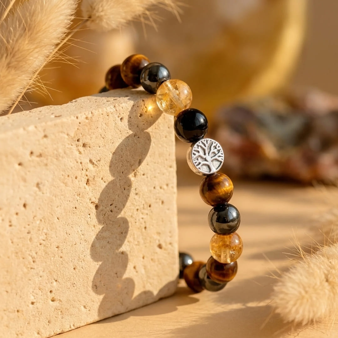 Bracelet Œil de Tigre, Citrine, Hématite & Obsidienne — Force & Clarté