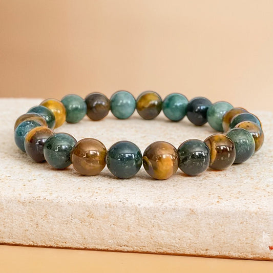 Bracelet "Équilibre & Protection" en Oeil de Tigre & Agate Mousse - 17cm - L'Arbre des Chakras