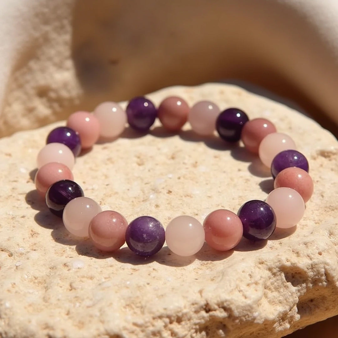 Bracelet "Amour de Soi" en Rhodonite, Quartz Rose & Améthyste - 17cm - L'Arbre des Chakras