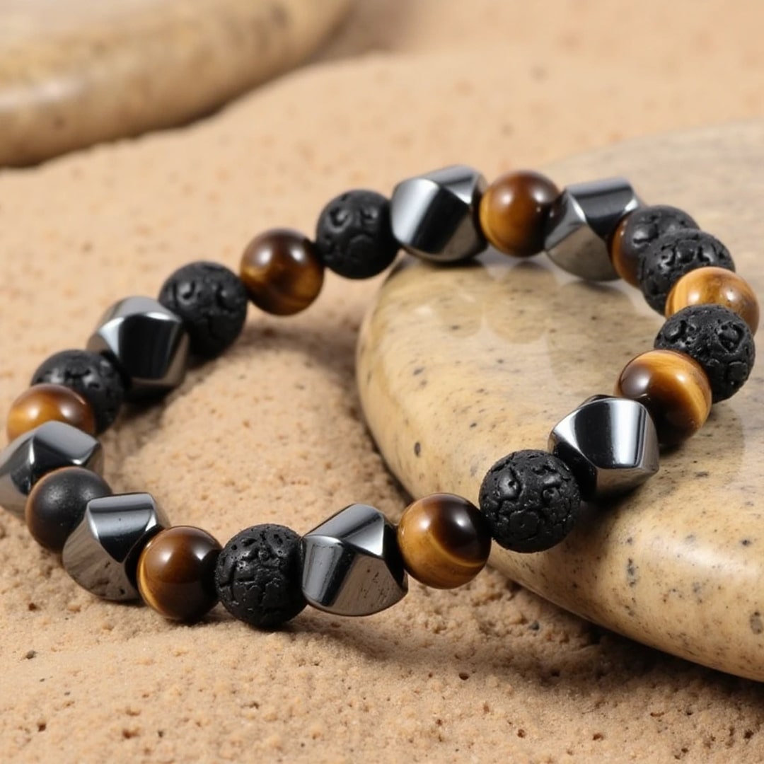 Bracelet Obsidienne, Œil de Tigre & Hématite — Bouclier Masculin