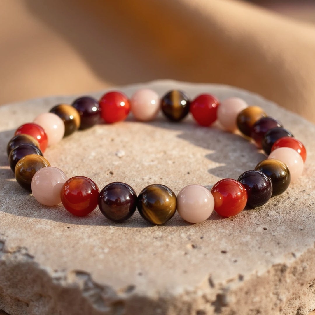 Bracelet Œil de Tigre, Pierre de Soleil, Cornaline & Grenat — Élan & Joie