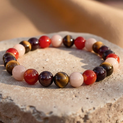 Bracelet Œil de Tigre, Pierre de Soleil, Cornaline & Grenat — Élan & Joie