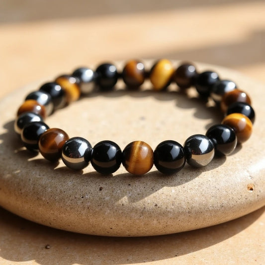 Bracelet "3 Protections" en Oeil de Tigre, Hématite & Obsidienne Noire - 8mm / 17cm - L'Arbre des Chakras
