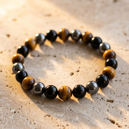 Bracelet Triple Protection — Œil de Tigre, Hématite & Obsidienne