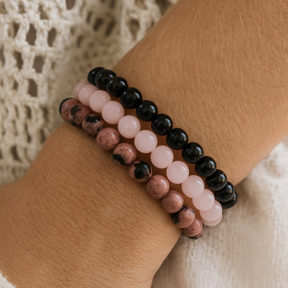 Trio Onyx, Quartz Rose & Rhodonite — Paix, Amour & Équilibre