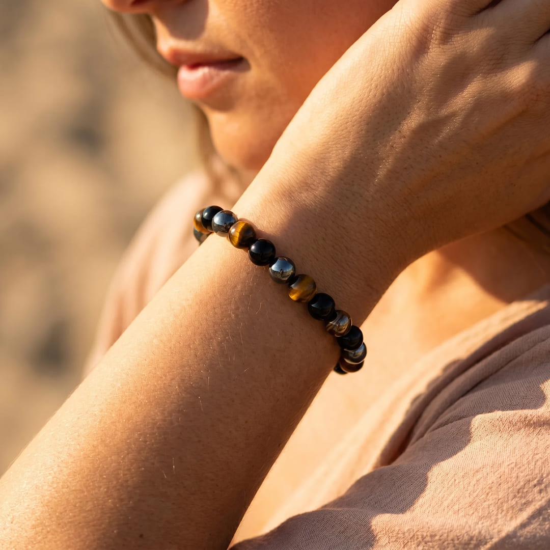Bracelet Triple Protection — Œil de Tigre, Hématite & Obsidienne