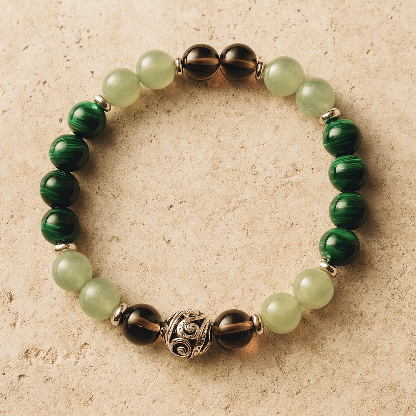 Bracelet "Chance & Protection" en Aventurine, Malachite & Quartz Fumé - 17cm - L'Arbre des Chakras