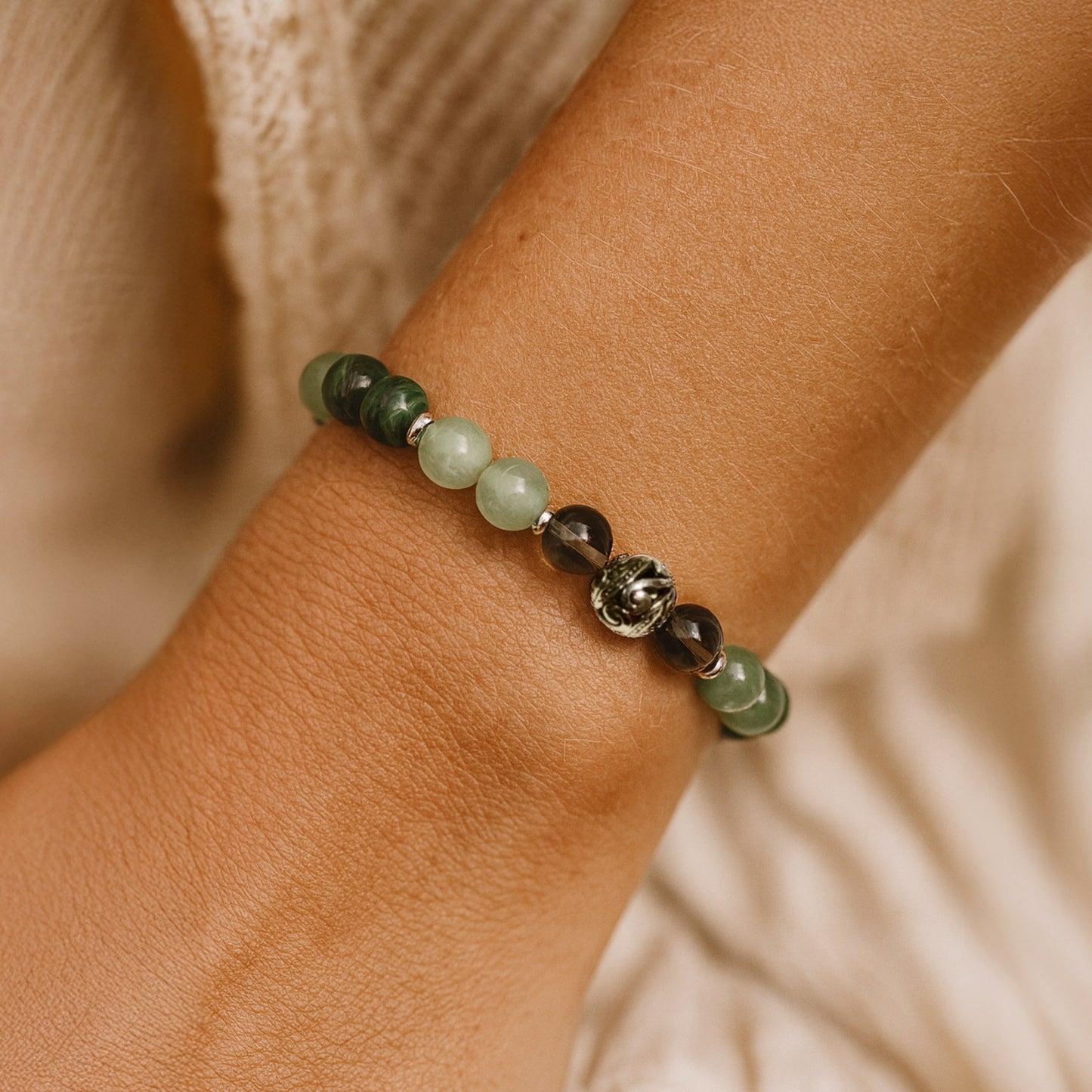 Bracelet Aventurine, Malachite & Quartz Fumé — Chance & Protection