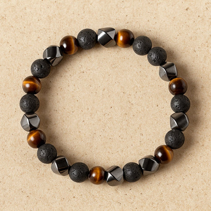 Bracelet Obsidienne, Œil de Tigre & Hématite — Bouclier Masculin