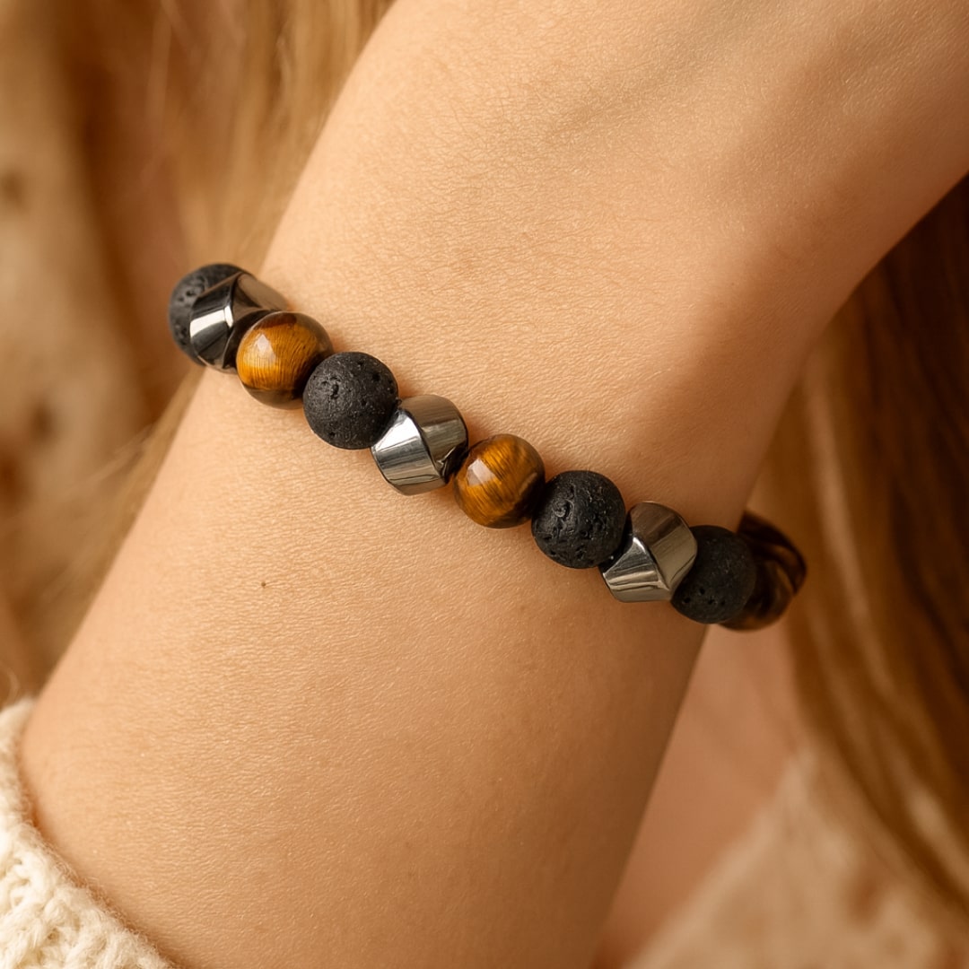 Bracelet Obsidienne, Œil de Tigre & Hématite — Bouclier Masculin