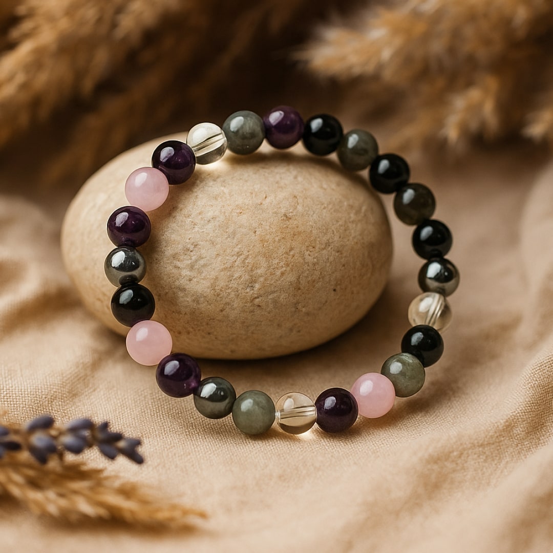 Bracelet Améthyste, Quartz Rose, Labradorite & Hématite — Haute Vibration