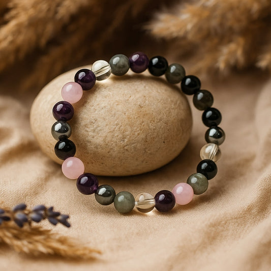 Bracelet Améthyste, Quartz Rose, Labradorite & Hématite — Haute Vibration