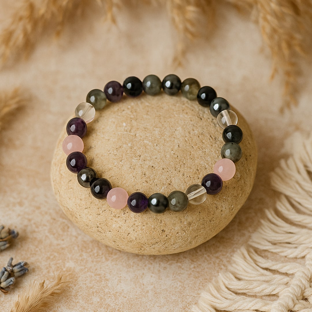 Bracelet Améthyste, Quartz Rose, Labradorite & Hématite — Haute Vibration