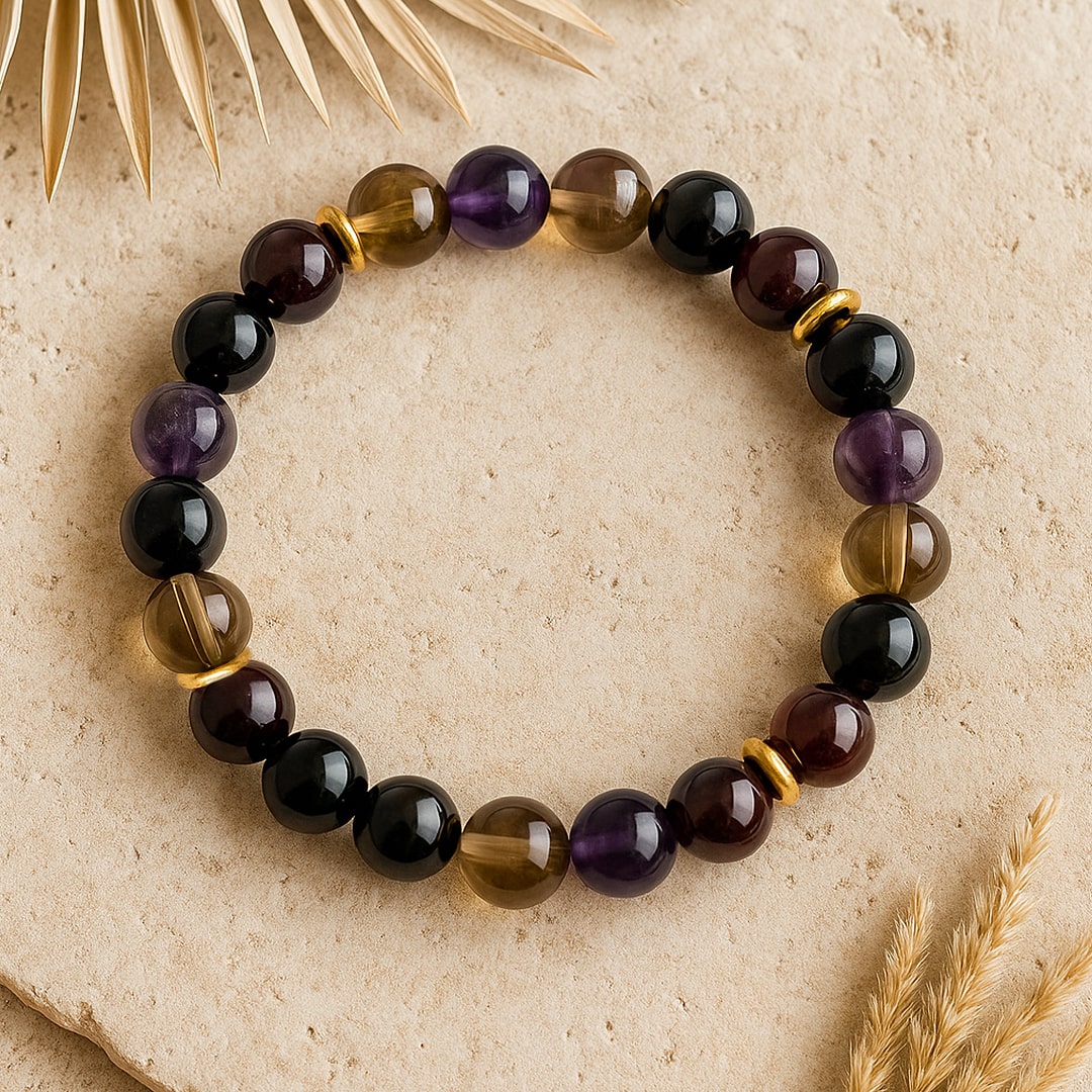 Bracelet Shungite, Quartz Fumé & Améthyste — Harmonie & Bouclier