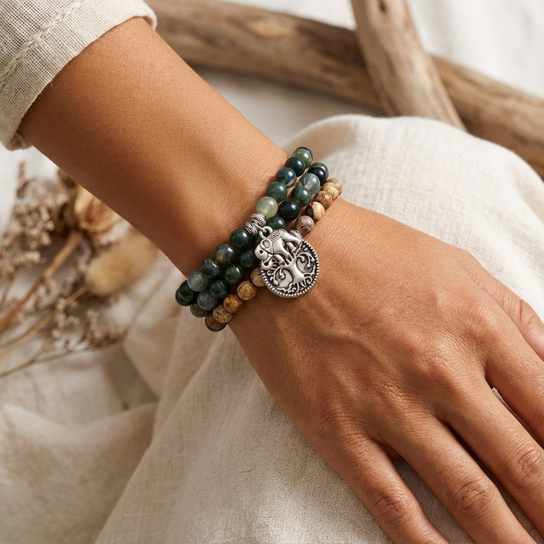 Bracelet Mala Gaia — Agate Mousse & Jaspe — Connexion à la Terre