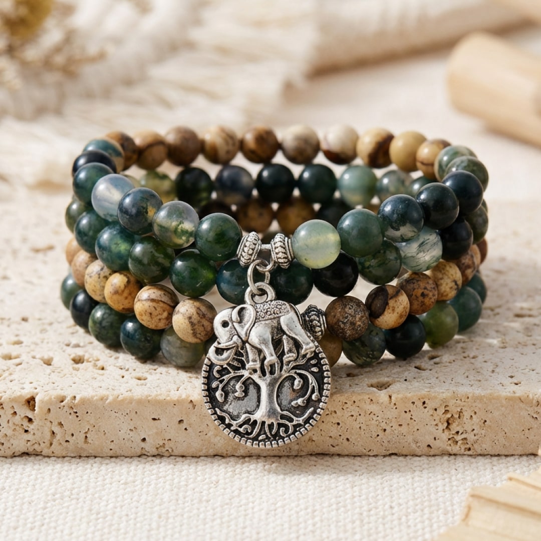 Bracelet Mala Gaia — Agate Mousse & Jaspe — Connexion à la Terre