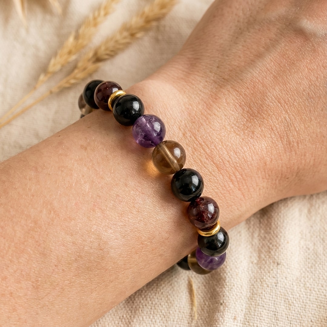 Bracelet Shungite, Quartz Fumé & Améthyste — Harmonie & Bouclier
