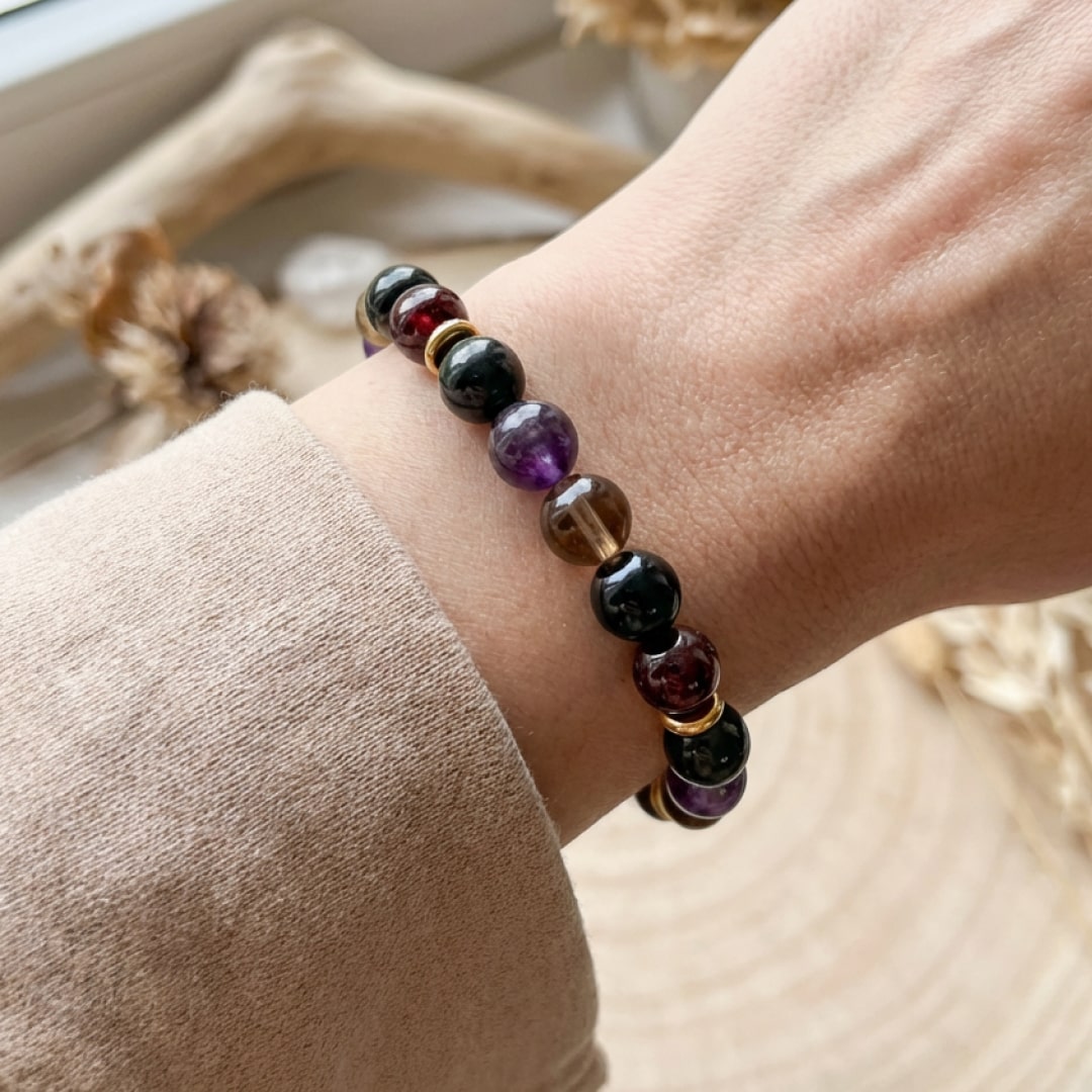 Bracelet Shungite, Quartz Fumé & Améthyste — Harmonie & Bouclier