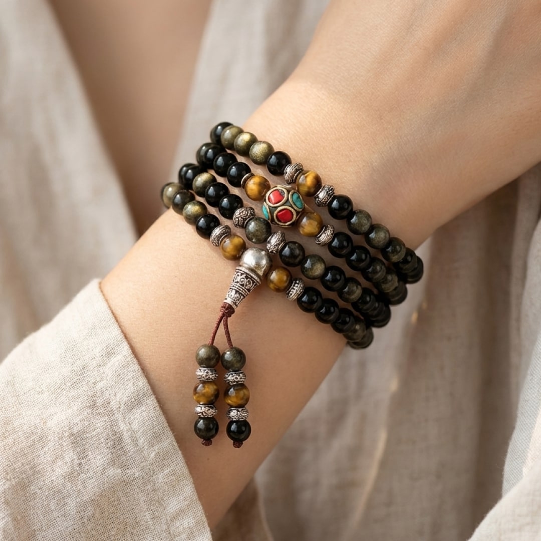Bracelet Mala Obsidienne — Méditation Profonde & Protection