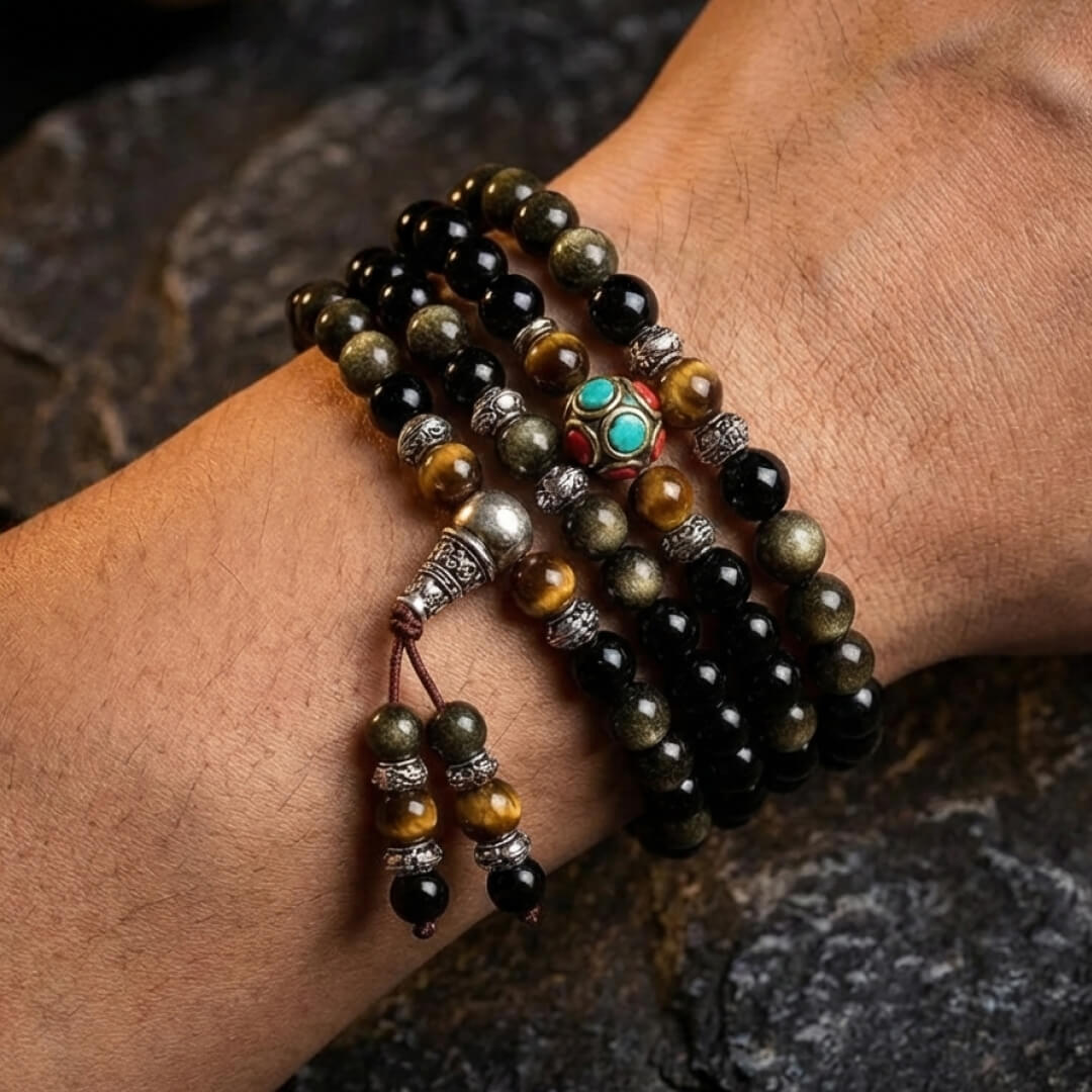 Bracelet Mala Obsidienne — Méditation Profonde & Protection