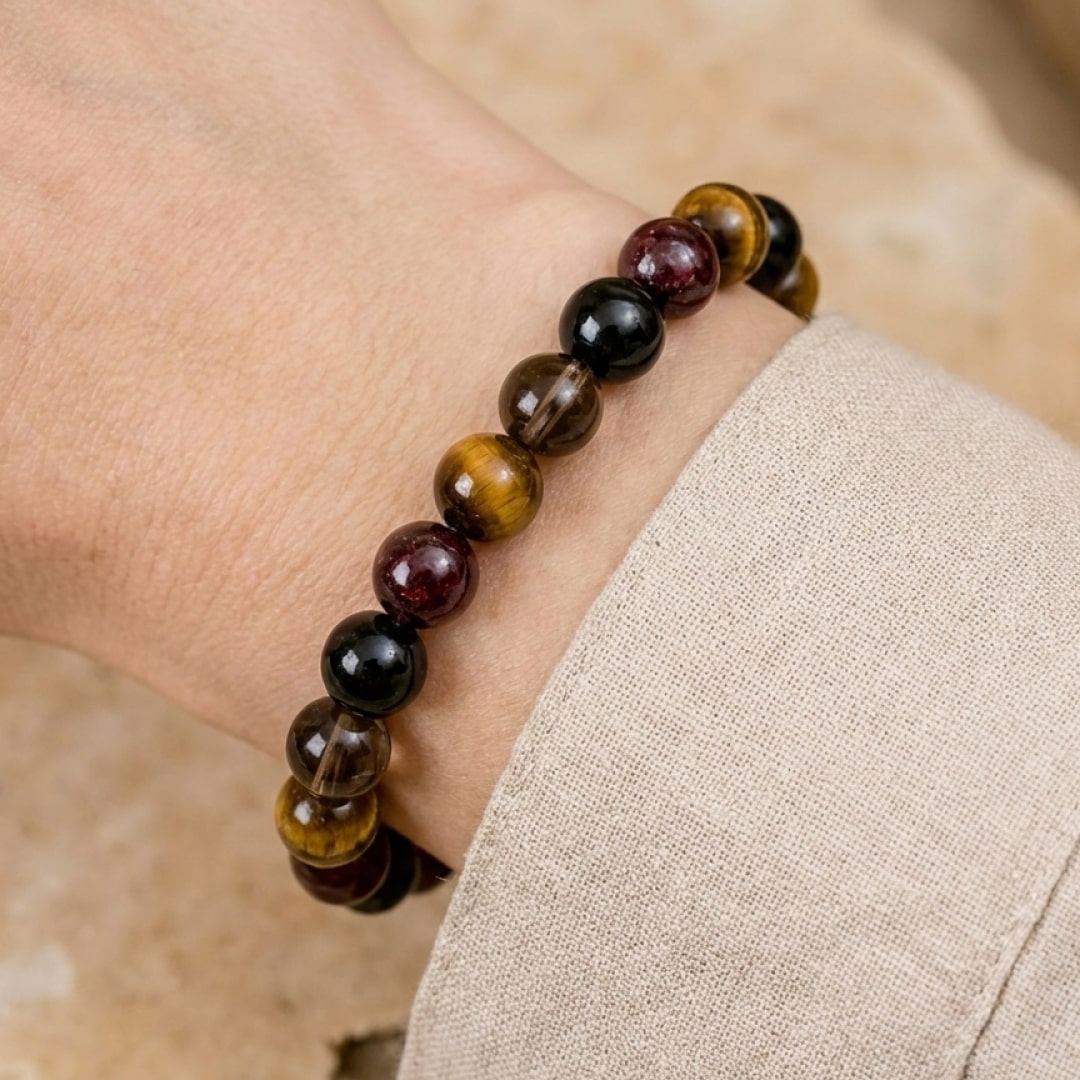 Bracelet Œil de Tigre & Grenat — Réussite & Protection