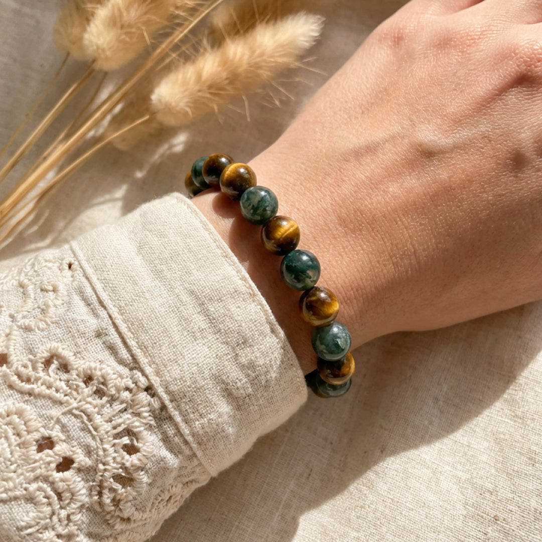 Bracelet Œil de Tigre & Agate Mousse — Équilibre & Protection Naturelle