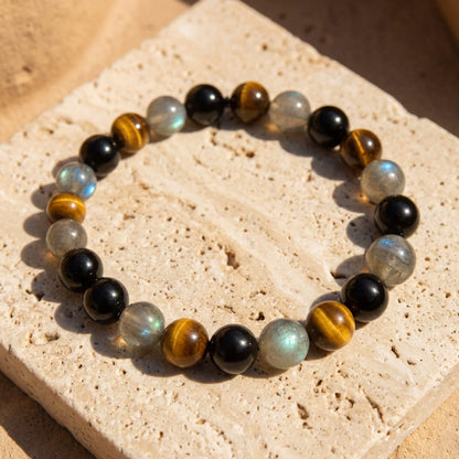 Bracelet Tourmaline, Œil de Tigre & Labradorite — Bouclier Complet