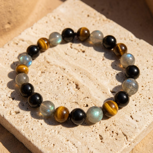 Bracelet Tourmaline, Œil de Tigre & Labradorite — Bouclier Complet