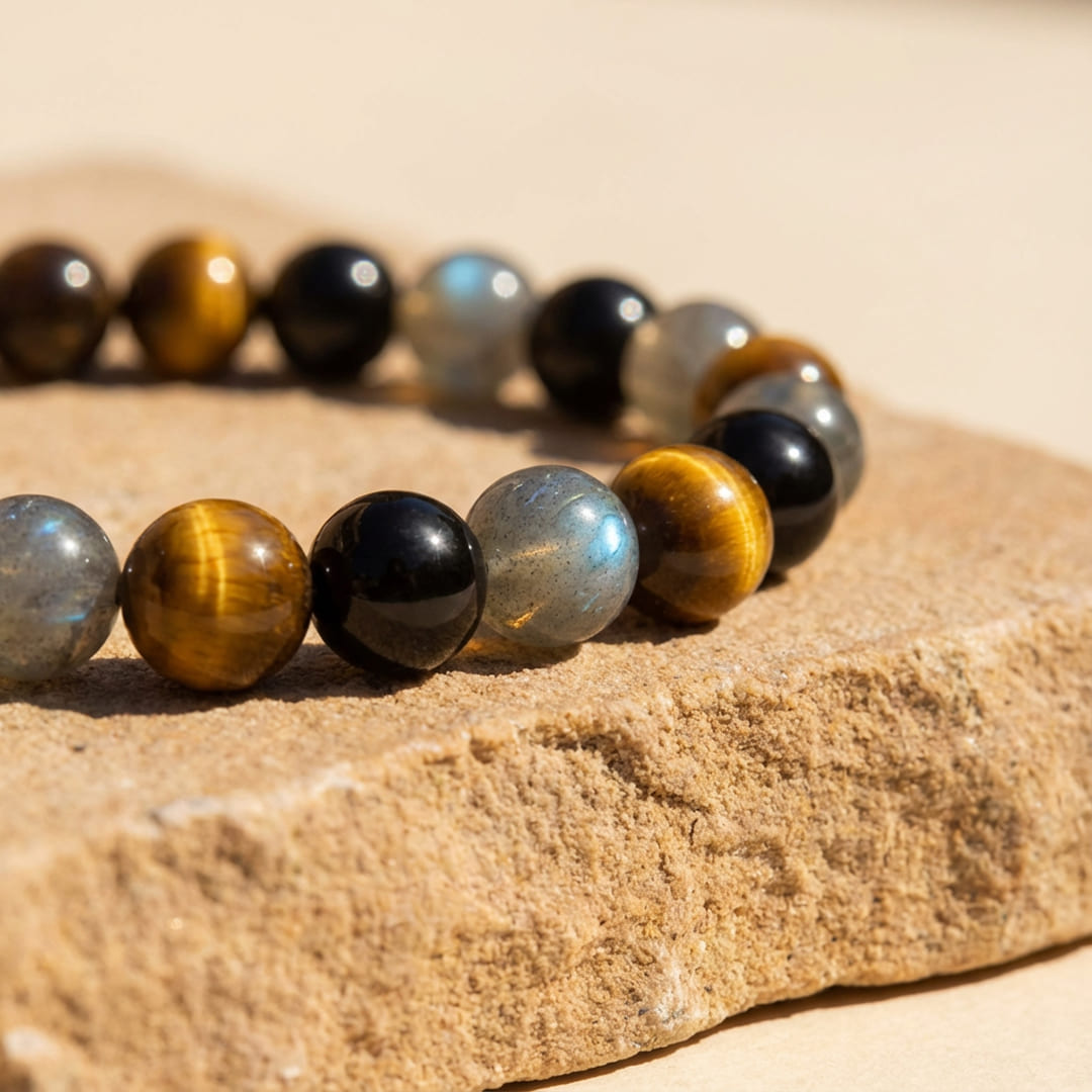 Bracelet Tourmaline, Œil de Tigre & Labradorite — Bouclier Complet