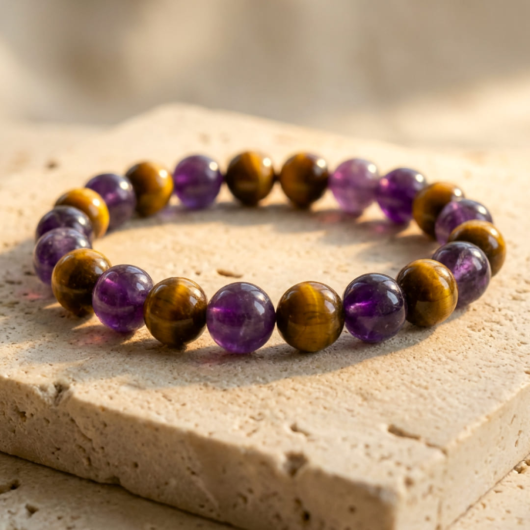 Bracelet "Délivrance" en Améthyste & Oeil de Tigre - 17cm - L'Arbre des Chakras