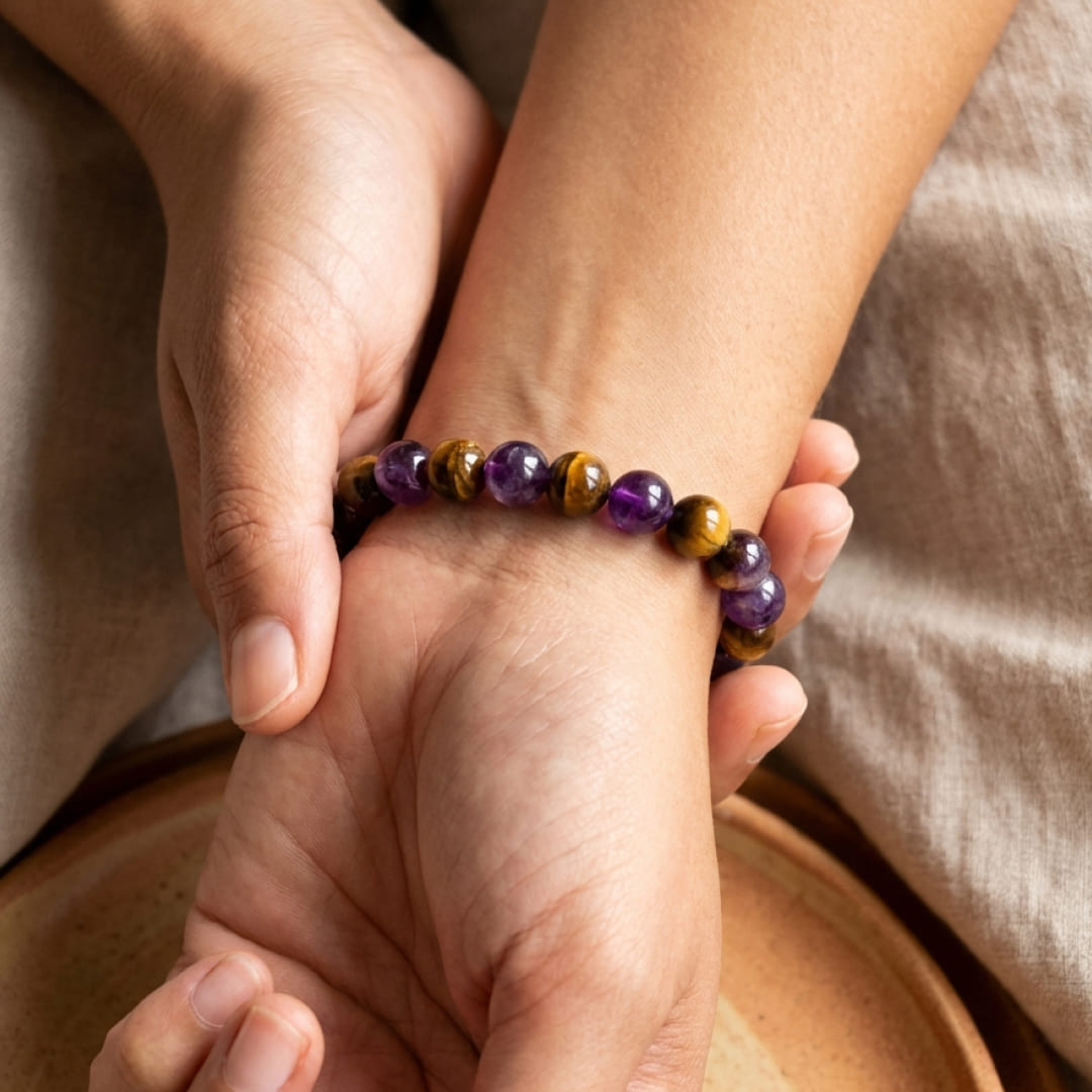 Bracelet Améthyste & Œil de Tigre — Sérénité & Courage